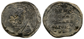 PB Byzantine lead seal (AD 11th century)
Obv: Bust of St Theodore? holding a spear over his left shoulder. Traces of nscription at right. Border of do...
