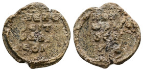 PB Byzantine seal of Leo (AD 11th century)
Obv: Inscription of five lines beginning with a cross: Κ(ύρι)ε βο[ή]θει τῷ [σ]ῷ δούλ[ῳ] Λέον[τη]. Border of...