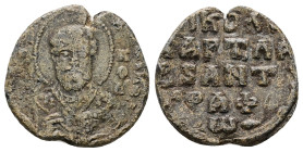 PB Byzantine seal of Nicholas chartoularios and antigrapheus (AD 11th century)
Obv: Bust of St. Nicholas blessing with his right hand. Inscription in ...