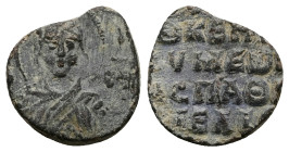 PB Byzantine seal of Symeon protospatharios and exarch (AD 11th century)
Obv: Bust of the Virgin orans. Sigla: [Μήτηρ] Θ(εο)ῦ. No visible border.
Rev:...
