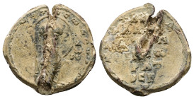 PB Byzantine seal of N. patrikios and strategos of? (AD 11th century)
Obv: Bust of St Theodore holding a shield in his left hand. Sigla preserved at r...