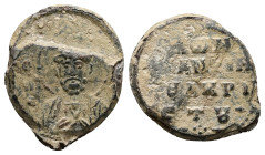 PB Byzantine seal of Constantine, servant of Christ (AD 11th-12th centuries)
Obv: Bust of St Nicholas holding the Gospel and offering a blessing. Insc...