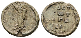 PB Byzantine lead seal (AD 11th-12th centuries)
Obv: The Mother of God standing, holding the Child in her left arm. Sigla: [Μ(ήτη)ρ Θ(εο)ῦ].
Rev: Insc...