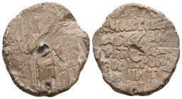 PB Byzantine seal of Theodore Doukas Laskaris, emperor and son of the emperor (1254-1258)
Obv: St. Theodore Stratelates standing, holding a spear in ...