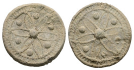 PB Byzantine or Western (Crusaders) amuletic pendant (c. AD 10th century or later).
Both sides have the same design: floral pattern with six pellets i...