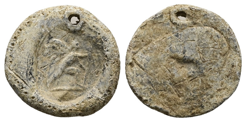 PB Tessera. Roman imperial (AD 2nd–3rdcenturies).
Obv: Eros advancing right, ho...
