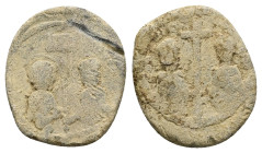 PB Tetarteron. Alexius I Comnenus, with Irene and John II(AD 1092/3). Constantinople.
Obv: Half-lengthfacingbusts of Christ, nimbate, and John, weari...