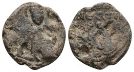 PB Byzantine lead seal (AD 11th century)
Obv: Half-length of the Mother of God orans. Illegible sigla. Border of dots.
Rev: Inscription of five line...