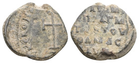PB Byzantine seal of Abramios, pragmateutes (AD 9th century, second half)
Obv: A cross potent. Along the circumference, partly visible circular inscr...
