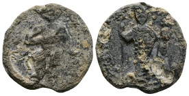 PB Byzantine anonymous lead seal (AD 11th century)
Obv: Virgin enthroned. She holds a medallion of Christ before her. Border of dots.
Rev: The Archa...
