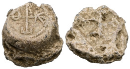 PB Byzantine anonymous seal (AD 8th century)
Obv: Cruciform invocative monogram: Θεοτόκε βοήθει. Wreath border.
Rev: Blank.
Translation: Theotokos, he...