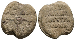 PB Byzantine seal of N. patrikios and strategos (AD 8th century)
Obv: Cruciform invocative monogram (type V): Θεότοκε βοήθει; in the quarters: τῷ δού...