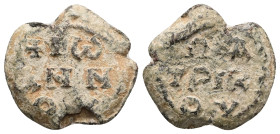 PB Byzantine seal of John patrikios (AD 6th century)
Obv: Inscription of three lines beginning with a cross: +Ἰωάννου. Wreath border.
Rev: Inscripti...
