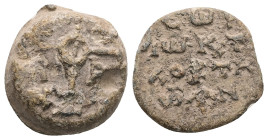PB Byzantine seal of George, komes tes kortes (AD 8th century)
Obv: Cruciform invocative monogram (type XIII?): Κύριε βοήθει. In the quarters: [τῷ] δ...
