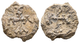PB Byzantine monogrammatic seal of Paul skribon (AD 7th century)
Obv: Cruciform monogram: α, λ, ο, π, υ: Παύλου. Wreath border.
Rev: Cruciform monogra...