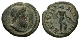 Thrace, Bizya. Pseudo-autonomous, Time of Antoninus Pius (AD 138-161). AE. 5.20 g. 20.11 mm.
Obv: Draped bust of Poseidon, right.
Rev: ΒΙΖVΗΝΩΝ. Nud...