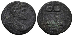 Thrace, Perinthus. Geta, AD 209-212. AE. 10.82 g. 28.08 mm.
Obv: AVT KRAΠ CEΠ ΓETAC CEB. Laureate draped bust of Geta, right.
Rev: AKTIA ΠYΘIA, ΠEΡINΘ...