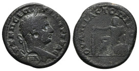 Thrace, Topirus. Geta, 209-211 AD. AE. 7.81 g. 24.44 mm.
Obv: AVT K Π CЄPTIMI ΓЄTAC. Laureate head of Geta, right; countermark: Uncertain.
Rev: OVΛΠIA...