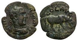 Troas, Alexandria. Valerian I, AD 253-260. AE, As. 3.01 g. 20.53 mm.
Obv: Laureate, draped and cuirassed bust of Valerian, right. 
Rev: COL AVG TRO. H...