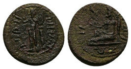 Aeolis, Temnus. Pseudo-autonomous. AD 81–96. AE. 2.15 g. 15.59 mm. Reign of Domitian. Magistrate, Zoilos, strategos and son of the city.
Obv: ΤΗΜΝΙΤΩΝ...