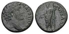 Lydia, Apollonoshieron. Marcus Aurelius Caesar, c. AD 144–161. AE. 4.35 g. 18.58 mm. Reign of Antoninus Pius.
Obv: Μ ΑΥ ΟΥΗΡΟϹ [ΚΑΙϹΑΡ]. Bare head of ...