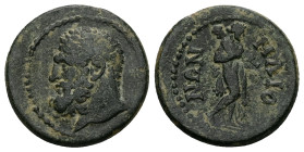 Lydia, Maeonia. Pseudo-autonomous. AE. 5.64 g. 22.10 mm.
Obv: Head of Heracles, bearded, left.
Rev: ΜΑΙΟΝΩΝ. Nude Omphale advancing, right, wearing li...