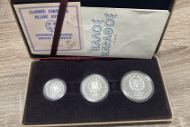GRECIA. Pan-European Games. Serie di tre monete 1981 Fondo Specchio in cofanetto. Ag.Cofanetto in discreto stato. PROOF