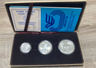 GRECIA. Pan-European Games. Serie di tre monete 1982 Fondo Specchio in cofanetto. Ag.Cofanetto in discreto stato. PROOF
