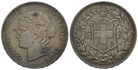 SVIZZERA. 5 Franchi 1908 B. Ag. KM#34. BB+