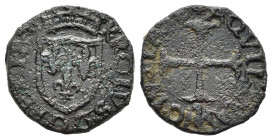L'AQUILA. Carlo VIII di Francia (1495). Cavallo AE (2.62 g). Scudo coronato di Francia. R/croce patente tripartita. BB