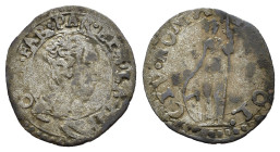 PARMA. Ottavio Farnese (1547-1586). Sesino. Mi (0,53 g). Busto corazzato a destra - La città elmata stante con lancia e scudo. MIR 949. Raro. MB