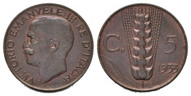 Regno d'Italia. Vittorio Emanuele III (1900-1943). 5 centesimi 1933 "Spiga". Cu. qFDC