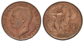 Regno d'Italia. Vittorio Emanuele III (1900-1943). 10 centesimi 1931 "Ape". Cu. Ossidazioni. Rame rosso. qFDC