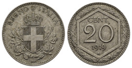 Regno d'Italia. Vittorio Emanuele III (1900-1943). 20 centesimi 1919 "Esagono". Gig. 215. Tracce del vecchio conio di Umberto I. SPL