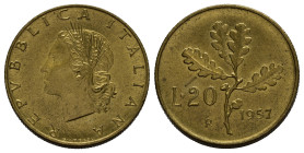 REPUBBLICA ITALIANA. 20 lire 1957 gambo largo "Quercia". Gig. 192a. qFDC