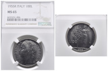 REPUBBLICA ITALIANA. 100 lire 1955 "Minerva". Gig. 92. In slab NGC - MS 65