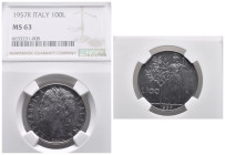 REPUBBLICA ITALIANA. 100 lire 1957 "Minerva". Gig. 94. In slab NGC - MS 63