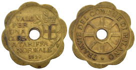 Gettoni. Milano. Gettone Tramvie del comune di Milano. Vale per una corsa a tariffa normale 1920. Ottone. BB+