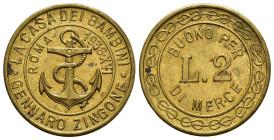 Gettoni. Roma. Gettone La Casa dei Bambini - Gennaro Zingone, 1938 anno XVI. Buono per 2 lire di merce. Ottone (6,45 g). qFDC Si tratta di un negozio ...
