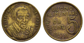 Gettoni. Schio. Gettone buono alimentare da 5 centesimi 1937 XV . AE dorato. San Vincenzo De Paoli. BB