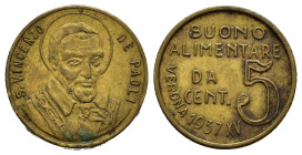 Gettoni. VERONA. Gettone buono alimentare da 5 centesimi 1937 XV . AE dorato. San Vincenzo De Paoli. BB