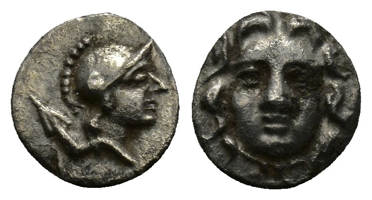 Pisidia, Selge AR Obol. (9mm, 0.6 g) 300-190 BC. Helmeted head of Athena right, ...