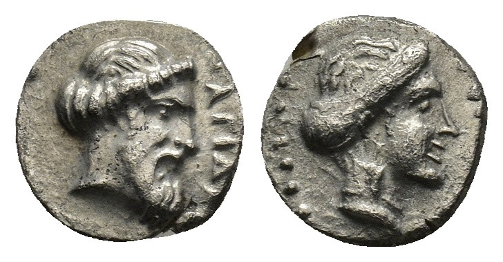 Cilicia, Nagidos. 390-380 B.C. AR obol (8mm, 0.7 g). Wreathed and bearded head o...