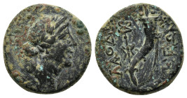 Phrygia. Laodikeia ad Lycum 133 BC. Bronze Æ (18mm, 5.2 g). Laureate, draped bust of Laodice or Aphrodite right / ΛAOΔIKEΩN, single cornucopia, caduce...