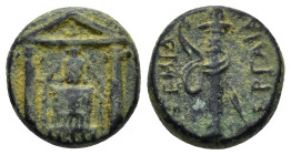 Pamphylia. Perge circa 50-30 BC. Bronze Æ (14mm, 4.0 g). Cult statue of Artemis Pergaia facing within distyle temple / Bow and quiver.