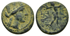 PHRYGIA. Apameia. (16mm, 3.3 g) Ae (Circa 88-40 BC). Turreted head of Tyche right. Rev: Marsyas advancing right, playing aulos; menander pattern below...