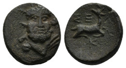 Pisidia, Selge Æ (12mm, 2.5 g) 2nd-1st century BC. Bearded head of Herakles three-quarter facing, wreathed with styrax, [club to left] / Forepart of s...