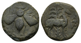 IONIA. Ephesos. 2nd - 1st centuries B.C. AE. (18mm, 2.8 g) Demetrios, magistrate. E-Φ. Bee within wreath / ΔHMHTPI/OΣ, stag, standing right, in front ...