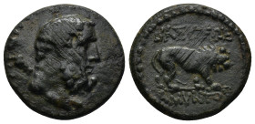 Kings of Galatia. Amyntas 36-25 BC. Bronze Æ (21mm, 4.7 g). Bearded head of Herakles right, with club over shoulder / BAΣIΛEΩΣ AMYNTOY, lion advancing...