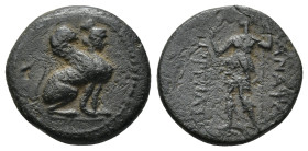 PAMPHYLIA, Perge. Circa 260-230 BC. Æ (16mm, 3.6 g). Sphinx seated right, wearing kalathos / Artemis standing left, holding wreath and scepter.